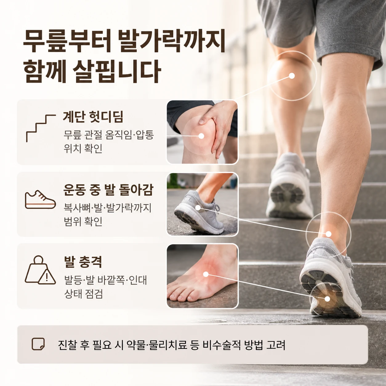 다친 상황에 따라 무릎부터 발가락까지 살피는 범위