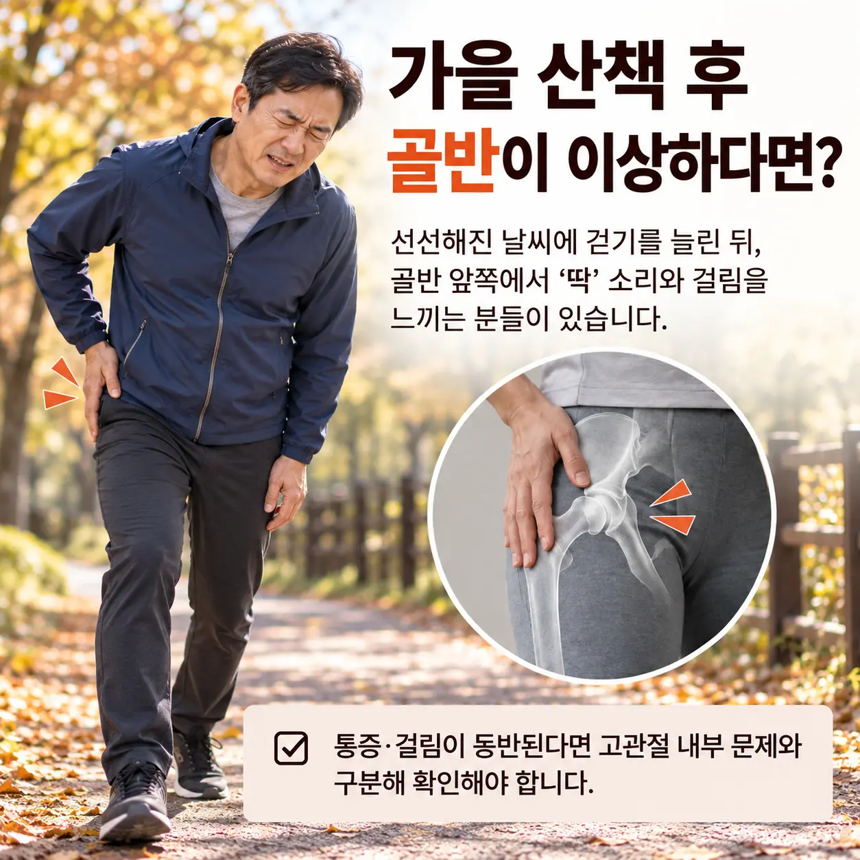 가을 산책 뒤 골반 앞쪽 통증과 걸림이 나타나는 상황
