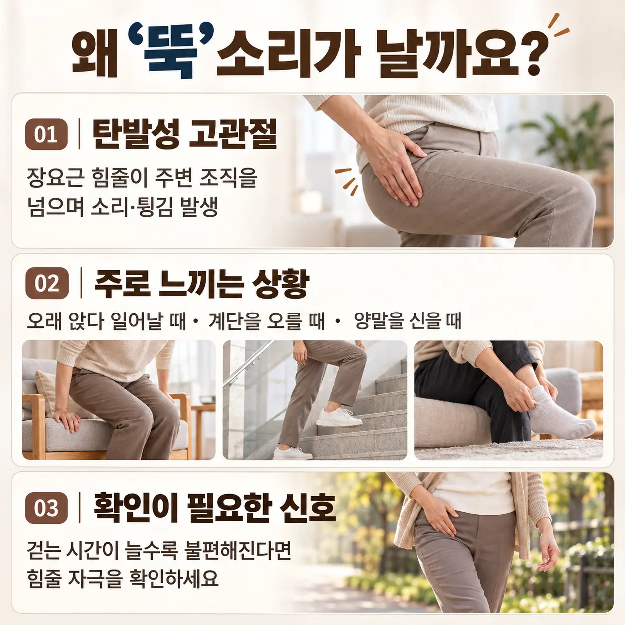 탄발성 고관절의 원인과 주로 느끼는 상황